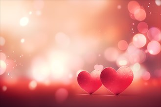 A beautiful and romantic background featuring two elegant red hearts against a soft, bokeh light