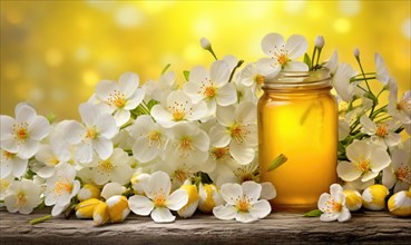 Soft light shines on fresh blossoms and a honey jar AI generated