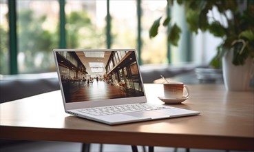 A laptop on a table in a spacious interior with modern architecture in the background AI generated