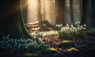 Snowdrops in a mysterious forest setting with soft lighting and a bench AI generated