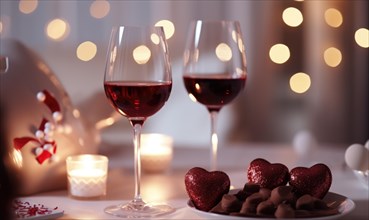 Romantic ambiance with wine glasses, candles, and heart-shaped decorations AI generated
