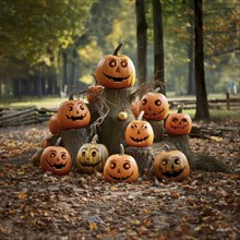 Grouped Halloween pumpkins with carved faces in front of a tree, pumpkins with personality,