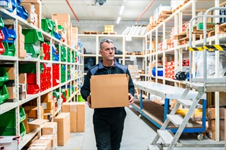 Man carrying a box while doing inventory in a room storage in a logistic factory