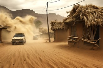 Cars racing through a desert village in a sandstorm, AI Generated, AI generated