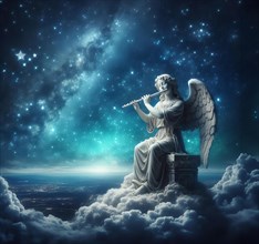 An angel sits on a cloud and plays the flute, kitsch, AI generated, AI generated