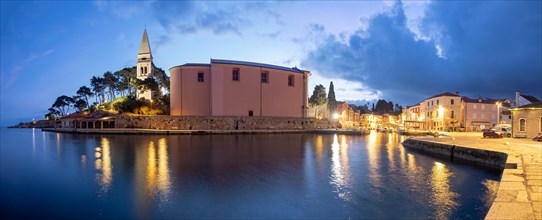 St. Anthony's Church and harbour, blue hour at dawn, panoramic view, Veli Losinj, Kvarner Bay,