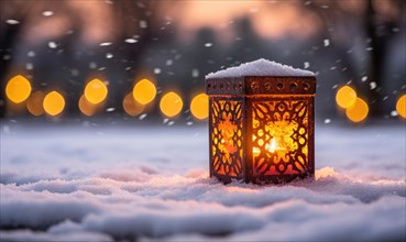 Christmas lantern with snow and bokeh background. Festive decoration AI generated