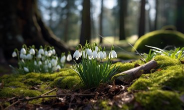 Beautiful snowdrop flowers growing in forest, closeup. Early spring. Selective focus, bokeh light
