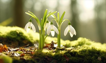 Bright snowdrops emerge from mossy ground in a fresh spring setting AI generated