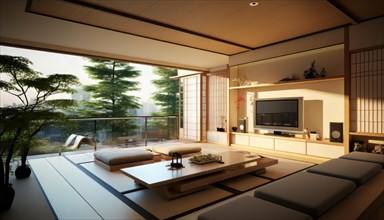 Modern Japanese living room blending traditional elements with a sleek, minimalist designA, AI