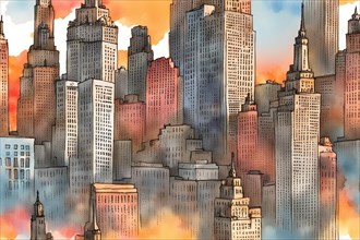 A stunning depiction capturing the charm of a New York city skyline over a vibrant sunset backdrop.