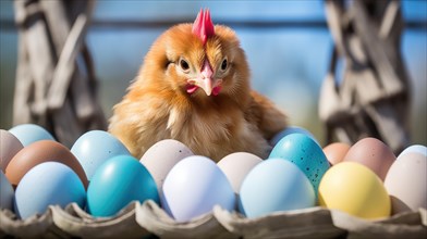 A chick pecking at colorful Easter eggs near a wooden fence AI generated