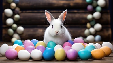 Easter bunny and colorful eggs on wooden background. Concept of Easter background AI generated