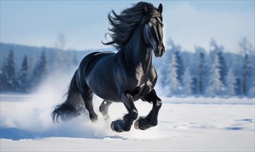 Black stallion galloping in the snow in the winter forest AI generated