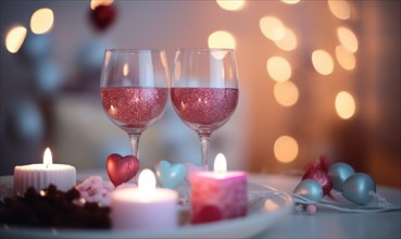Beautiful arrangement with sparkling water in wine glasses, and romantic candlelight AI generated