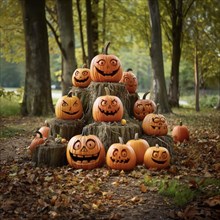 Various Halloween pumpkins decorate a tree stump, pumpkins with personality, AI-Generated &