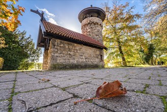 Old watchtower surrounded by trees with an autumn leaf in the foreground, Hachelturm, Pforzheim,