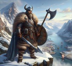 A bearded Viking warrior with helmet, shield, sword and battle axe, AI generated, AI generated