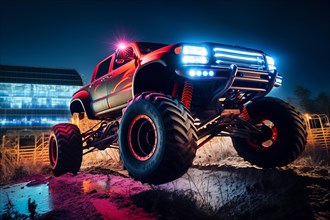 Monster truck with neon lighting, off-road in cloud of dust. Excitement and thrill of an extreme
