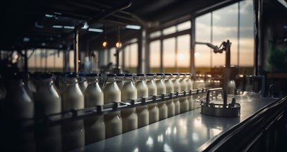 Plant for the production of milk and dairy products, conveyor belt with bottles of milk, AI