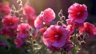Sunlight softly illuminates pink hollyhocks bloom in a serene garden setting, AI generated, AI