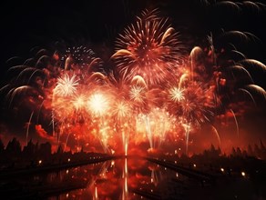 Vivid fireworks bursting over a city's skyline beside a river with reflections on the water, AI