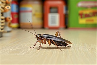 A cockroach (Blattodea) crawls across a shiny wooden floor, with blurred background of household