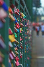 Colourful love locks on a railing, the background is blurred, Hohenzollern Bridge, Cologne Deutz,