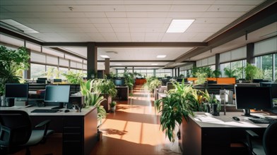 Modern office interior with computers and green plants. Blurred background AI generated