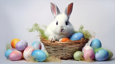 A cute rabbit beside a basket filled with colorful Easter eggs in a festive arrangement AI