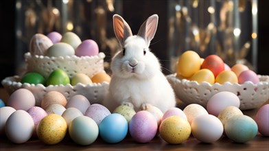 Easter bunny and colorful eggs on wooden background. eastern background AI generated