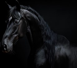 Beautiful black horse portrait in studio on black background. Studio shot AI generated