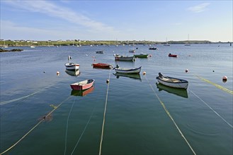Boats on lines in the bay of Lampaul, Ouessant Island, Finistere, Brittany