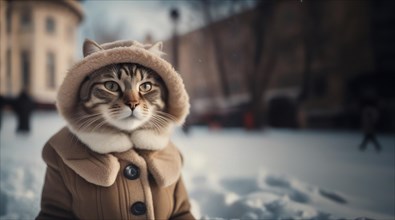 Cat in winter warm clothes in the winter on Snowy Street in the cold. The concept of warm clothes