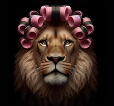 Maned lion styled with curlers, AI generated, AI generated