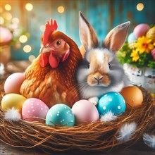 Easter, Easter festival, the Easter bunny sits with a chicken in an Easter nest with colourful