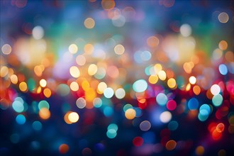 An abstract and colorful defocused blurred bokeh background with bright lights and festive