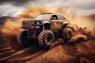 Monster truck driving outdoors amidst a cloud of dust. Thrill and adrenaline of an outdoor racing