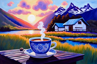 Painting capturing a traditional northern european blue white ceramic cup of smoking hot tea on a