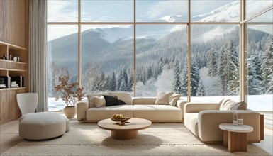 Scandinavian-inspired living room with a warm ambiance and a stunning snow landscape view, AI