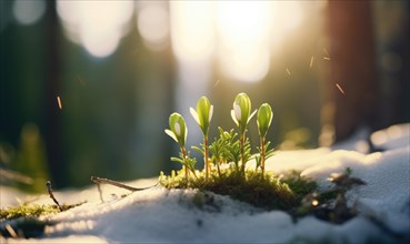 Young plants sprouting through snow in a forest bathed in warm sunlight AI generated