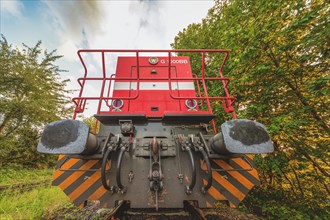 Rear view of a red locomotive on ballast tracks surrounded by trees, Lower Rhine, North