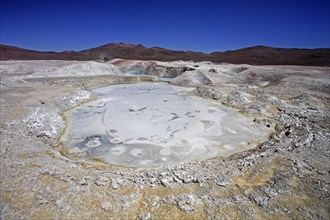 Mud lakes and steam pools with boiling mud in geothermal field Sol de Manana, Altiplano, Bolivia,