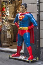Superman figure in front of a toy shop in the historic centre, Genoa, Italy, Europe
