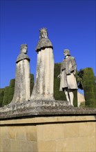 Columbus, King Ferdando and Queen Isabel statues in garden of Alcazar, Cordoba, Spain, Alcazar de
