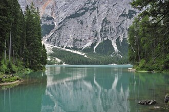 The lake Lago di Braies, Pragser Wildsee in the Dolomites, Italy, Europe