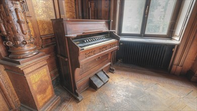 Old wooden organ in a historic room with parquet floor and window, Villa Woodstock, Lost Place,