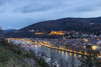 View of the old bridge and the castle from Philosophenweg, Heidelberg, Baden-Wuerttemberg, Germany,
