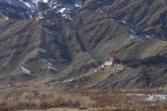 Matho Gompa, the Buddhist monastery of Central Ladakh, seen in winter, from the Thikse Monastery