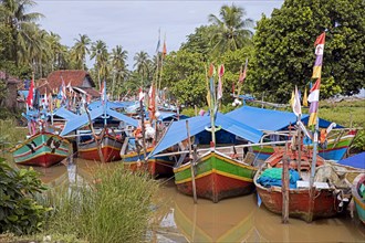 Traditional wooden fishing boats in the coastal town Carita, Pandeglang Regency, Banten Province,